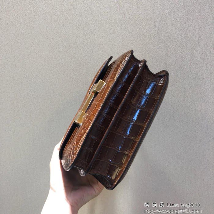 HERMES愛馬仕 康康18cm alligator crocodile 美洲鱷 頂級工藝 蠟線手縫 蜜糖棕 金扣  Ama1517